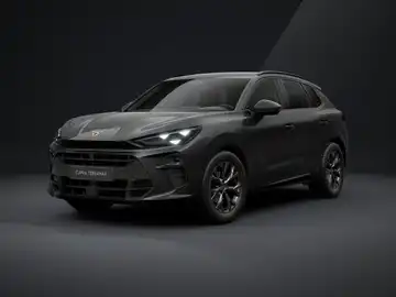 Das Bild zeigt einen CUPRA TERRAMAR aus der Frontalansicht in schwarzer Farbe. Es handelt sich um ein Fahrzeugbild mit markanten Texteinblendungen.