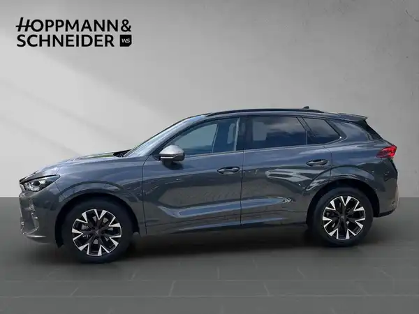 Das Bild zeigt ein graues Fahrzeug von der Seite. Es enthält das Händlerlogo von Hoppmann & Schneider.
