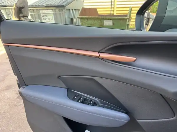Das Bild zeigt die Innenseite einer Autotür in schwarz mit Holzdetails.