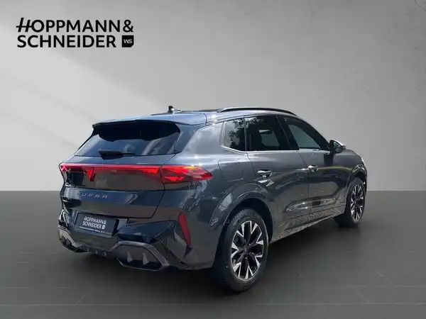 Das Bild zeigt einen CUPRA TERRAMAR von hinten, in grau. Es enthält das Händlerlogo 'HOPPMANN & SCHNEIDER' und markante Texteinblendungen.