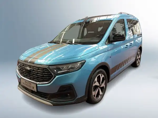 Das Bild zeigt ein blaues Ford-Fahrzeug aus der Frontansicht, mit einem Händlerlogo und markanten Texteinblendungen.