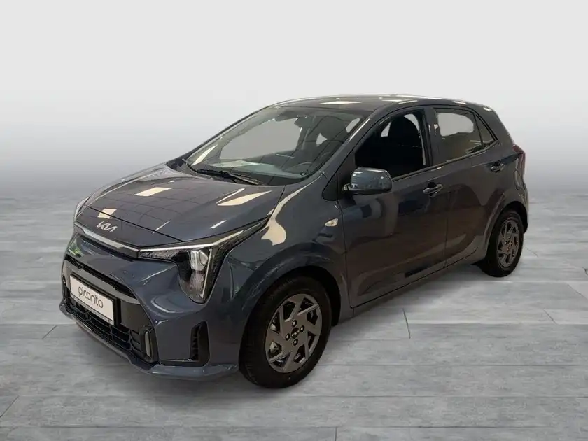 Das Bild zeigt einen grauen KIA Picanto aus der Frontansicht.
