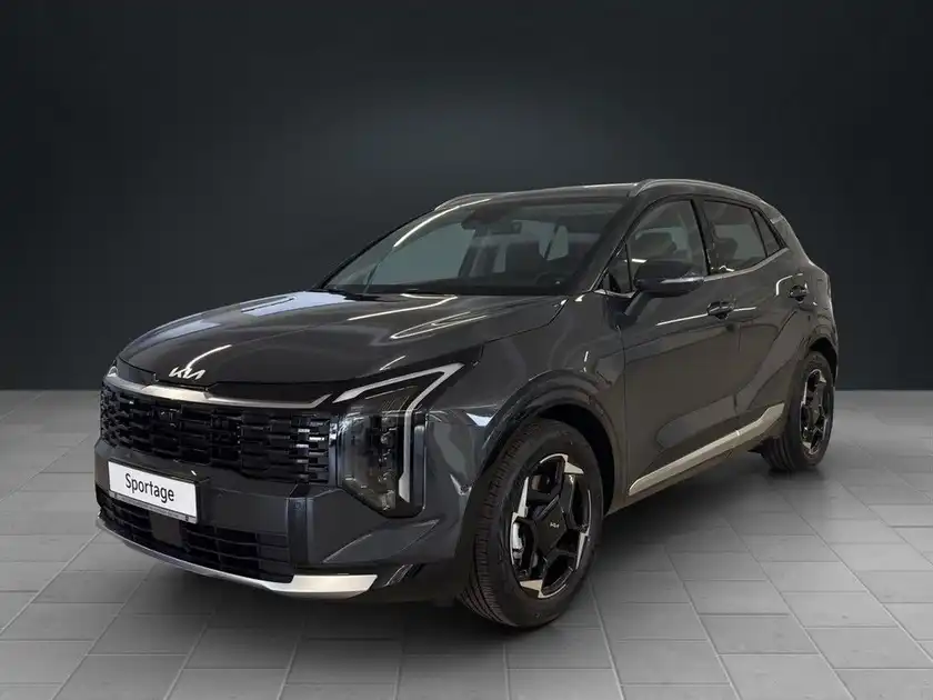 Das Bild zeigt einen schwarzen KIA Sportage, aufgenommen von vorne. Es handelt sich um ein Fahrzeugbild ohne Händlerlogo, jedoch mit markanten Texteinblendungen.