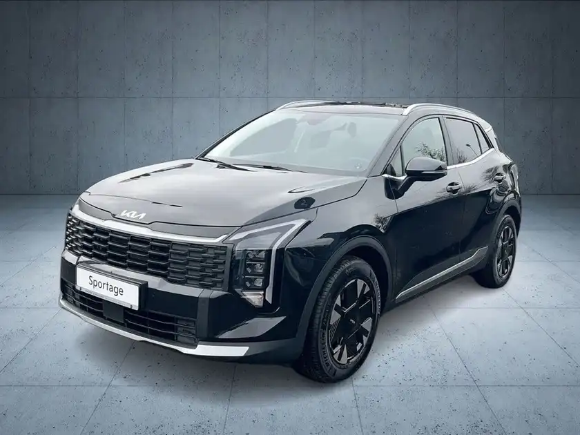 Das Bild zeigt einen schwarzen KIA Sportage aus der Frontansicht, mit dem Händlerlogo "WALTER SCHNEIDER" im unteren Bereich.