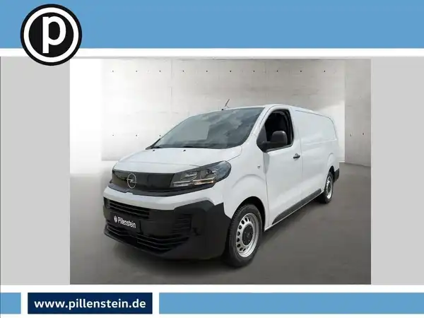 Das Bild zeigt einen weißen Opel Vivaro von vorne. Es ist ein Fahrzeugbild mit dem Händlerinformationslogo in der oberen linken Ecke und einer Website-URL in der unteren Leiste.