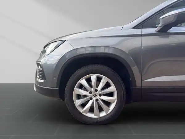 Das Bild zeigt einen grauen SEAT Ateca von der Seite.