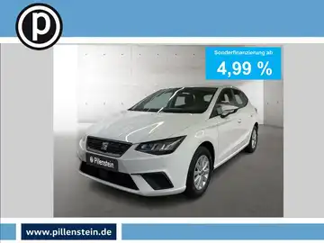 Das Bild zeigt einen weißen SEAT IBIZA aus der Frontansicht. Oben rechts ist eine Anzeige für Sonderfinanzierung ab 4,99 %. Das Händlerlogo 'Pillenstein' ist sichtbar.