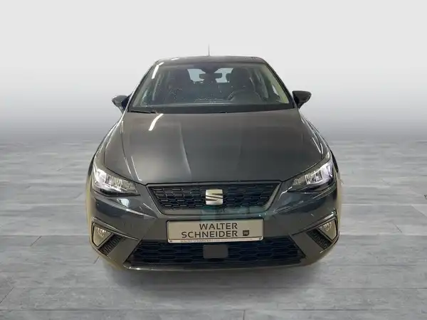 Das Bild zeigt einen SEAT IBIZA von vorne in grauer Farbe, mit dem Händlernamen 'Walter Schneider' als Logo eingeblendet.