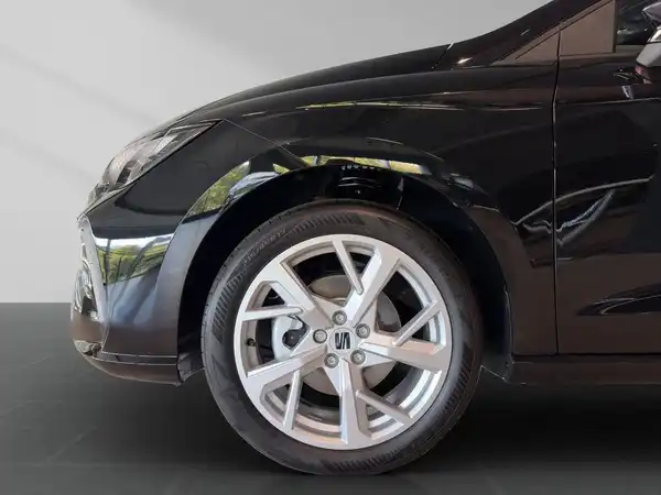 Das Bild zeigt einen schwarzen SEAT IBIZA von der Seite, aufgenommen aus einem seitlichen Blickwinkel.