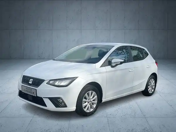 Das Bild zeigt einen weißen SEAT IBIZA von der Seite aufgenommen.