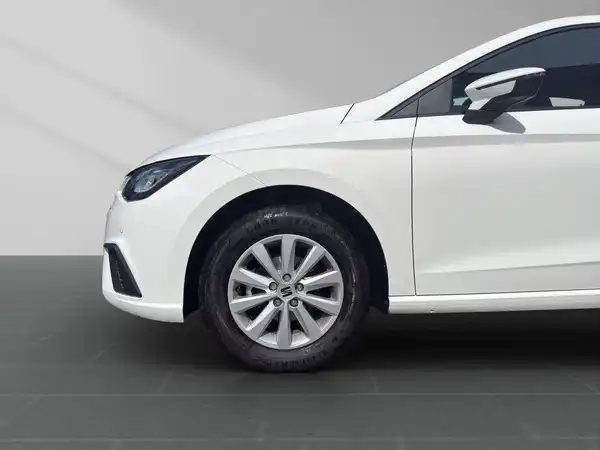 Das Bild zeigt einen weißen SEAT IBIZA von der Seite. Es handelt sich um ein Fahrzeugbild.