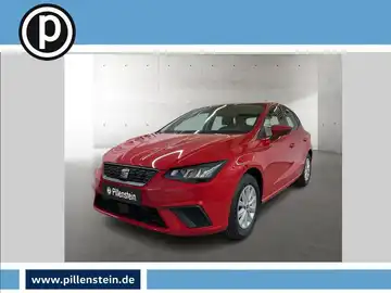 Das Bild zeigt einen roten SEAT IBIZA von der Seite mit dem Händlerlogo Pillenstein.
