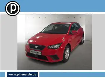 Das Bild zeigt einen roten SEAT IBIZA von vorne. Es enthält das Händlerinformationslogo.