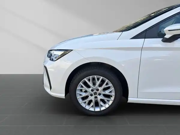Das Bild zeigt die Seitenansicht eines weißen SEAT IBIZA.