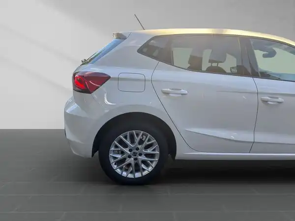 Das Bild zeigt ein weißes Fahrzeug, einen SEAT IBIZA, von der Seite aufgenommen.