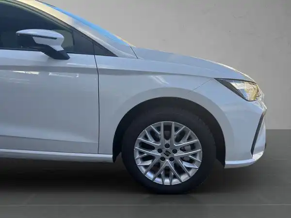 Das Bild zeigt einen weißen SEAT IBIZA aus der Seitenansicht.