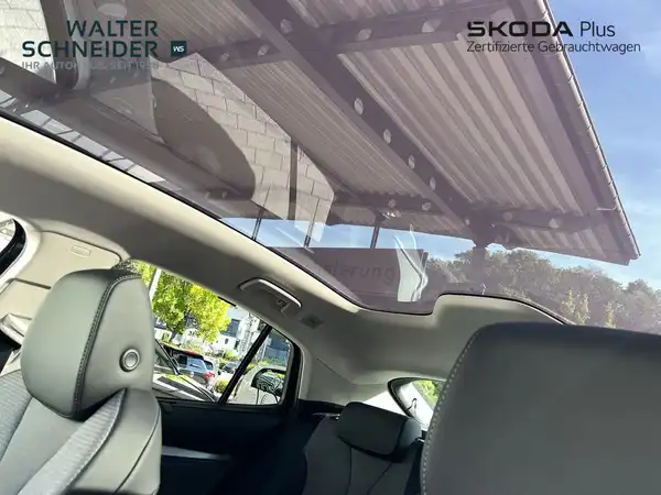 Das Bild zeigt den Innenraum des ŠKODA ENYAQ iV mit einem schwarzen Interieur und einem Blick auf das Panoramadach. Es sind das Händlerlogo und markante Texteinblendungen zu sehen.