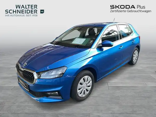 Das Bild zeigt einen ŠKODA FABIA von der Seite in blauer Farbe, mit dem Händlerlogo oben links und dem Text des Händlers oben rechts.