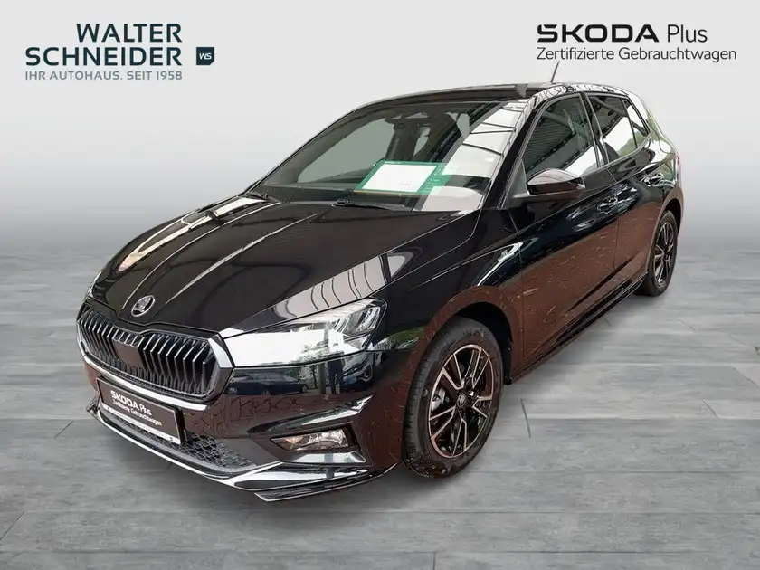 Das Bild zeigt einen schwarzen ŠKODA FABIA aus der Seitenansicht. Das Händlerlogo von Walter Schneider ist eingeblendet.