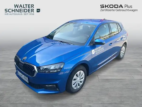 Das Bild zeigt einen blauen ŠKODA FABIA von der Seite. Es enthält das Händlerlogo "WALTER SCHNEIDER" sowie Markierungen von "SKODA Plus".