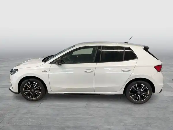 Das Bild zeigt einen weißen ŠKODA FABIA von der Seite.