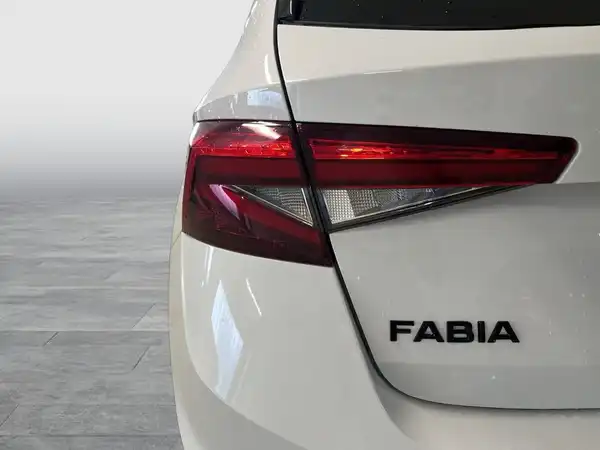 Das Bild zeigt die Rückansicht eines weißen ŠKODA FABIA, für die Markierung des Modells sind Text Einblendungen sichtbar.