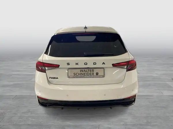 Das Bild zeigt das Heck eines weißen ŠKODA FABIA, aufgenommen von hinten. Es sind Händlerlogos zu sehen und der Schriftzug "WALTER SCHNEIDER" ist eingeblendet.