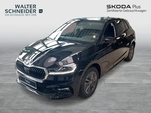 Das Bild zeigt einen schwarzen ŠKODA FABIA von vorne. Im Hintergrund ist das Händlerlogo von Walter Schneider zu sehen.