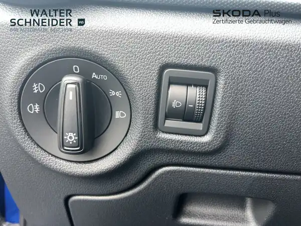 Das Bild zeigt das Innenraum eines Fahrzeuges, insbesondere die Bedienelemente für Licht und Nebelscheinwerfer auf einer schwarzen Oberfläche. Es sind Händlerlogos eingeblendet.