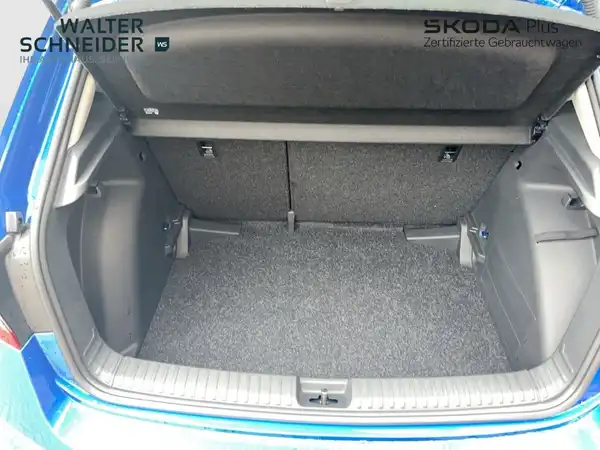 Das Bild zeigt den Kofferraum eines blauen ŠKODA FABIA von hinten. Es enthält das Händlerlogo."Walter Schneider" und das Logo von ŠKODA.