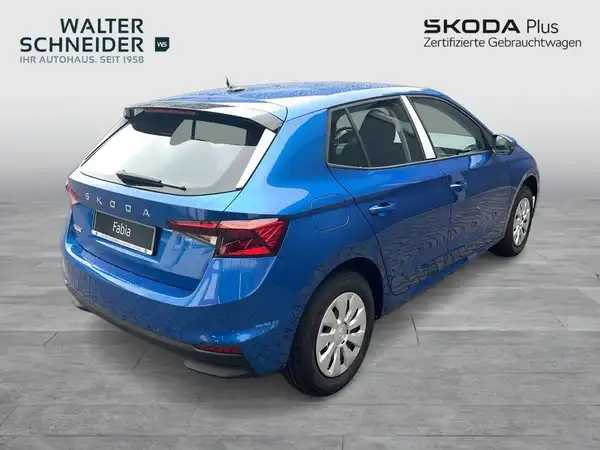 Das Bild zeigt einen blauen ŠKODA FABIA von hinten. Es enthält das Händlerlogo 'WALTER SCHNEIDER' und weitere Texteinblendungen. Es handelt sich um ein Fahrzeugbild.