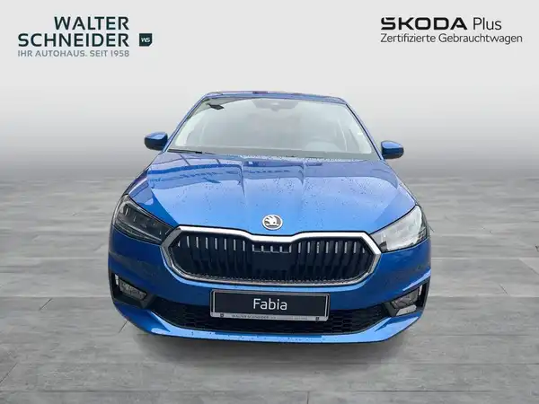 Ein blaues Fahrzeug, ein ŠKODA Fabia, wurde frontal aufgenommen. Das Bild enthält das Händlerlogo 'WALTER SCHNEIDER' und eine Texteinblendung für den Fahrzeugnamen.