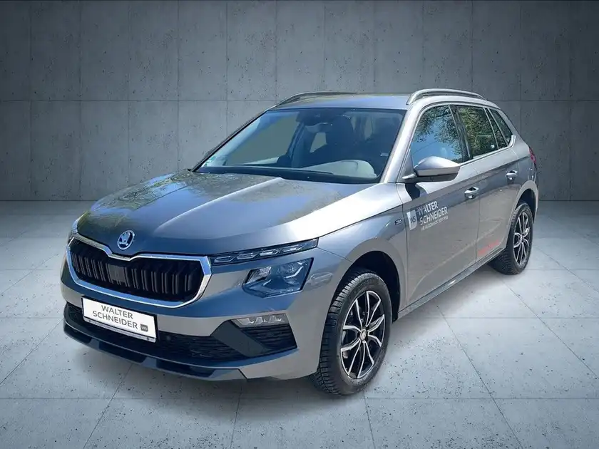 Das Bild zeigt einen grauen ŠKODA KAMIQ von der Seite, mit einem Händlerlogo und markanten Texteinblendungen.