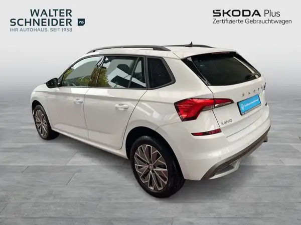 Das Bild zeigt einen weißen ŠKODA KAMIQ von der Seite. Das Händelerlogo "WALTER SCHNEIDER" und "SKODA Plus" sind sichtbar.