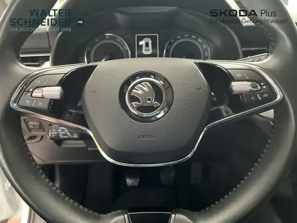 Das Bild zeigt das Lenkrad eines ŠKODA KAMIQ, aufgenommen aus dem Innenraum des Fahrzeugs. Das Interieur ist schwarz. Es sind Händlerlogos und markante Texteinblendungen auf dem Bild zu sehen.