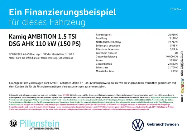 Das Bild zeigt ein Finanzierungsbeispiel für das Fahrzeug Kamiq AMBITION 1.5 TSI. Es enthält markante Texteinblendungen und das Händlerlogo.