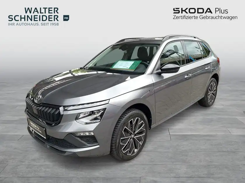 Das Bild zeigt einen grauen ŠKODA KAMIQ, aufgenommen von der Seite. Es enthält das Händlerlogo von Walter Schneider und zusätzlich markante Texteinblendungen.
