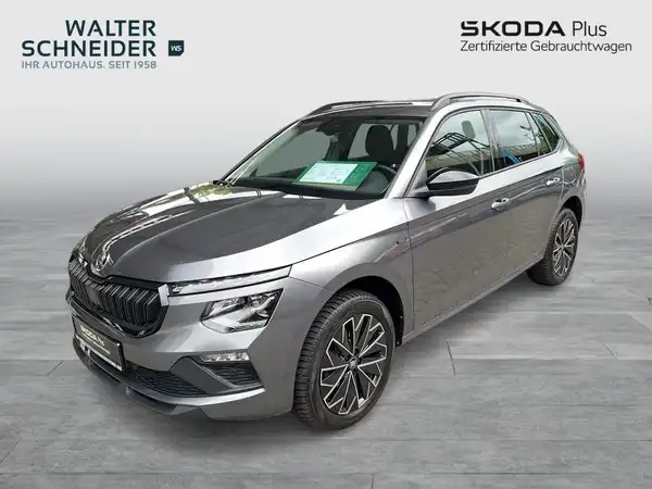 Ein grauer ŠKODA KAMIQ, von der Seite fotografiert, mit Händlerlogo und markanten Texteinblendungen im Bild.