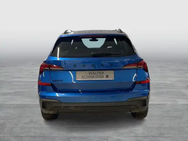 Das Bild zeigt einen blauen ŠKODA KAMIQ von hinten. Es sind einige markante Texteinblendungen vorhanden, und das Händlerlogo "WALTER SCHNEIDER" ist sichtbar.