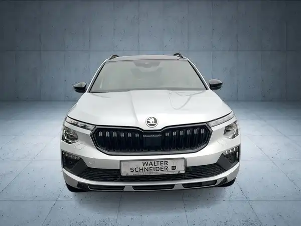 Das Bild zeigt einen ŠKODA KAMIQ von vorne in weißer Farbe. Das Händlerlogo "WALTER SCHNEIDER" ist sichtbar.