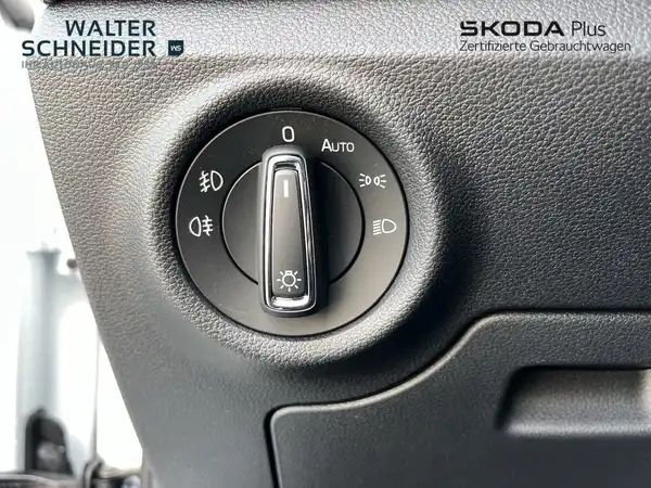Innenaufnahme des Fahrzeugs, die einen Schalter für die Lichter zeigt. Das Interieur ist schwarz.