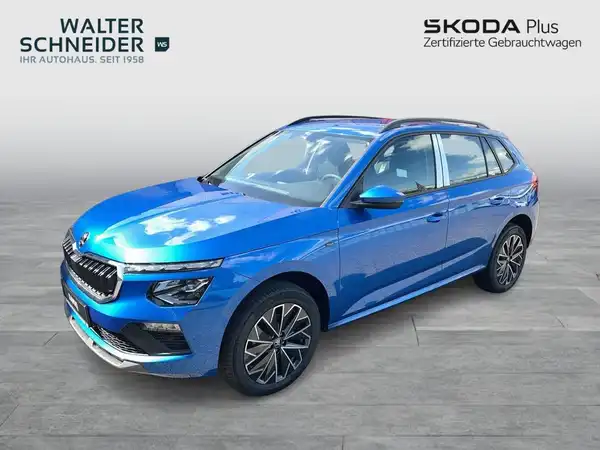 Eine seitliche Aufnahme eines blauen ŠKODA KAMIQ, das mit dem Logo des Händlers Walter Schneider versehen ist.