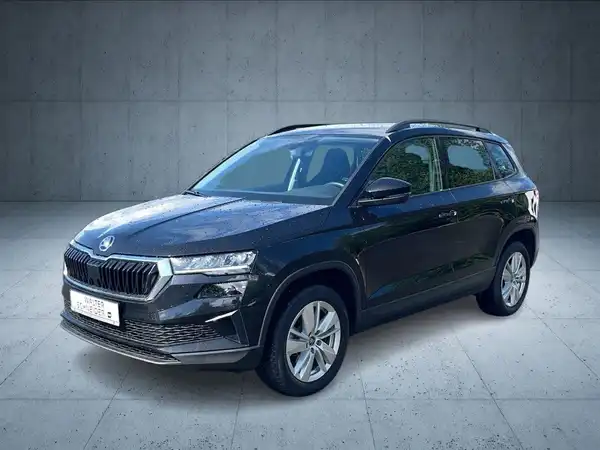 Ein schwarzer ŠKODA KAROQ, von der Seite aufgenommen, vor einer grauen Wand.