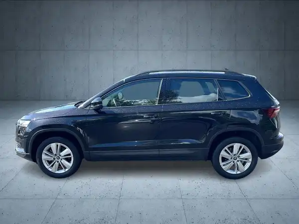 Das Bild zeigt einen schwarzen ŠKODA KAROQ aus der Seitenansicht.