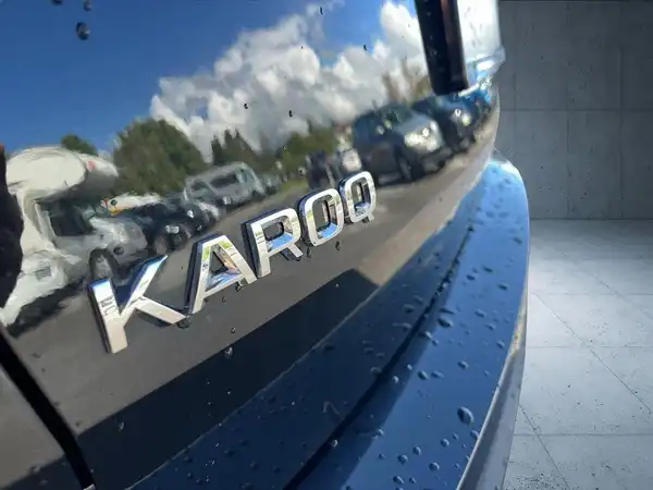 Das Bild zeigt das Heck eines schwarzen ŠKODA KAROQ mit dem Schriftzug 'KAROQ'. Es handelt sich um eine Aufnahme aus der Rückansicht, und das Fahrzeug hat Wassertropfen auf der Oberfläche.