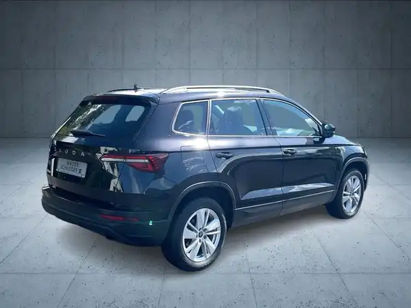 Das Bild zeigt einen schwarzen ŠKODA KAROQ aus der Seitenansicht.