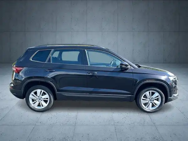 Das Bild zeigt einen ŠKODA KAROQ in schwarz, aufgenommen von der Seite.