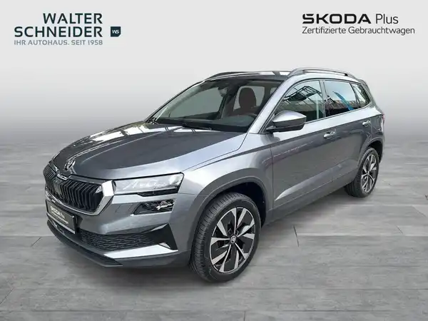 Eine seitliche Aufnahme eines grauen ŠKODA KAROQ, auf dem Bild sind Händlerlogos und Markenschriftzüge sichtbar.