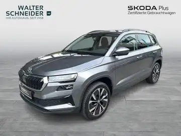 Eine seitliche Aufnahme eines grauen ŠKODA KAROQ, auf dem Bild sind Händlerlogos und Markenschriftzüge sichtbar.