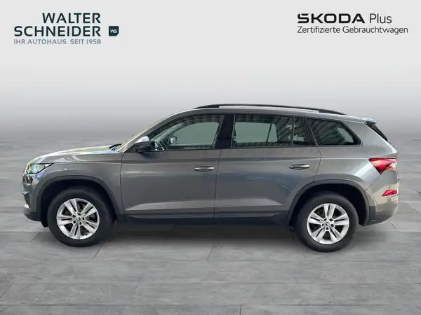 Eine seitliche Aufnahme eines grauen ŠKODA KODIAQ, mit dem Händlerlogo 'WALTER SCHNEIDER' und dem Hinweis auf zertifizierte Gebrauchtwagen.